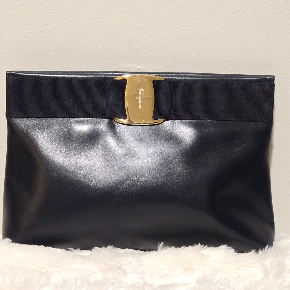 Salvatore Ferragamo Midnight Blue Lambskin Clutch with Gold Hardware